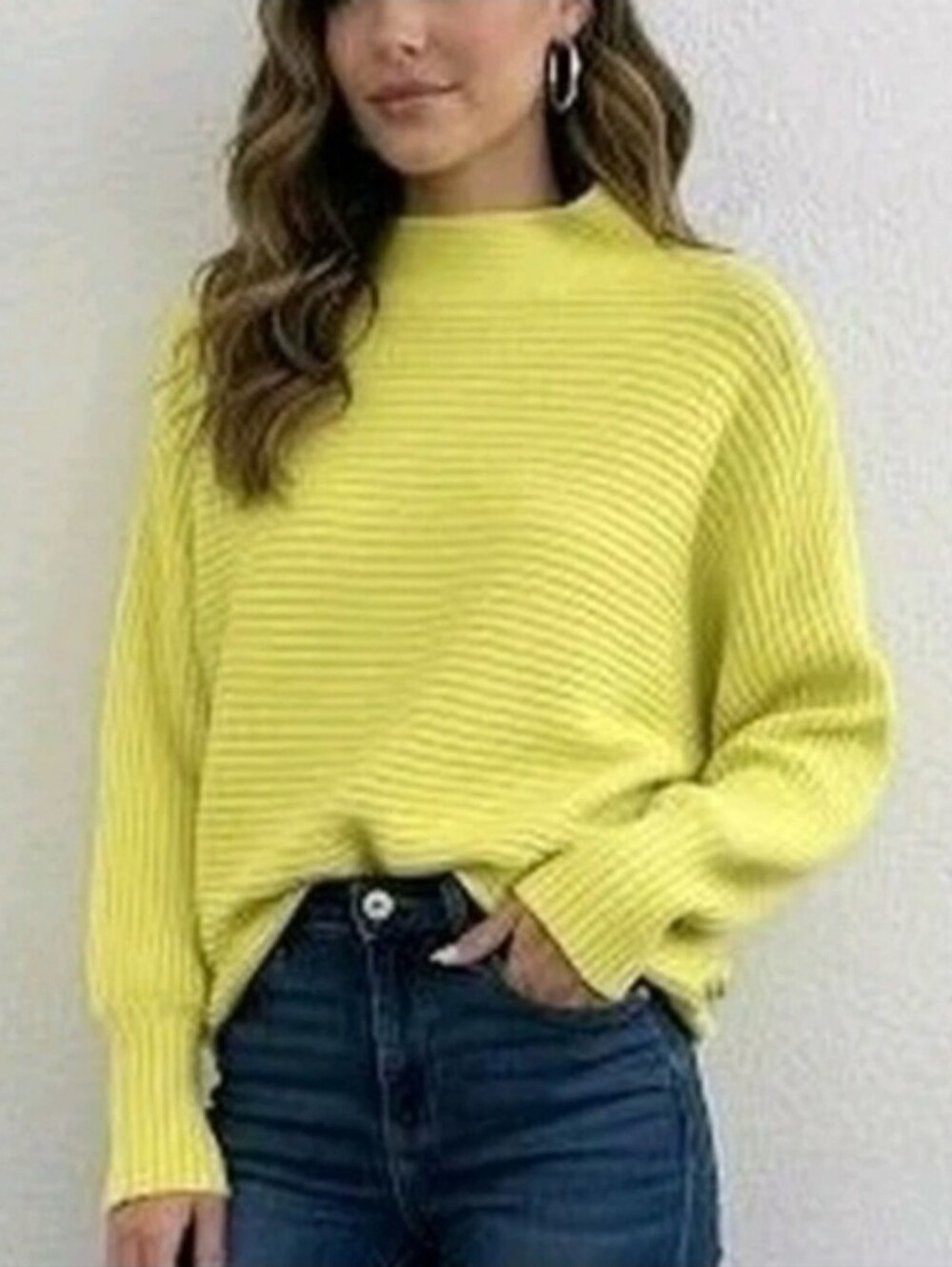 Anthropologie Mock Neck Dolman Sleeves Neon Yellow/Green Knit Sweater Medium - Picture 2 of 8